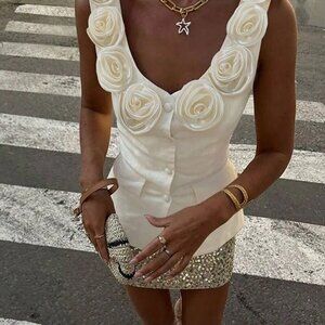 Women's Elegant 3d Floral Decor Front Button down Sexy Top